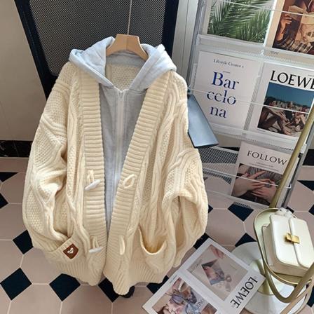 Naisten Neuleet Syksy Talvi Neule Ommel Hupullinen Monipuolinen Keskipitkä sarven nappitakki Beige 72*124*43cm