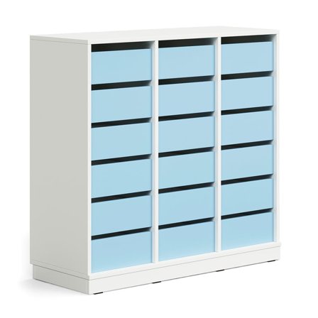 Student storage CASPER, 18 drawers, base frame, white/sky blue