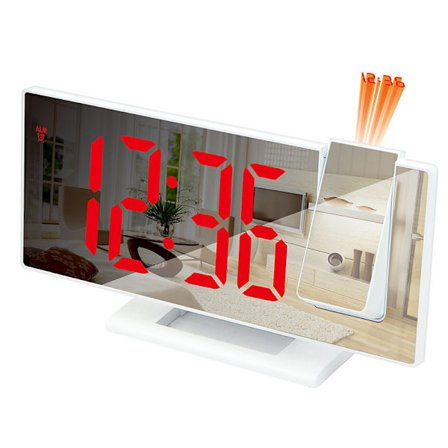 Multifunktionelt Projektionsvækkeur med Stor Skærm og Natlampe til Soveværelse, Hvid og Rød