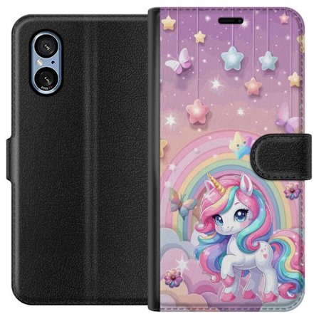 Yhteensopiva Lompakkokotelo Sony Xperia 5 V Maaginen yksisarvinen, jolla on sateenkaarimane, tähtiä ja perhosia vasten pastellinväristä taivasta, joss