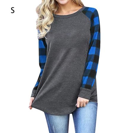 Dam T-shirt Rundhalsad Långärmad Splicing Rutig Casual Topp,