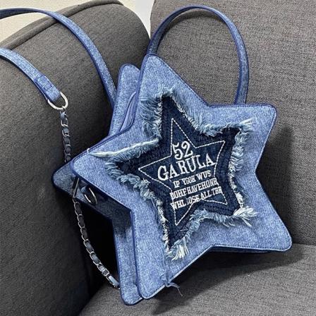 Rygsæk denim blå femtakket stjerne design pige skoletaske stor kapacitet bogstav metal kæde skulder taske kvinde Blue 28x5x23cm