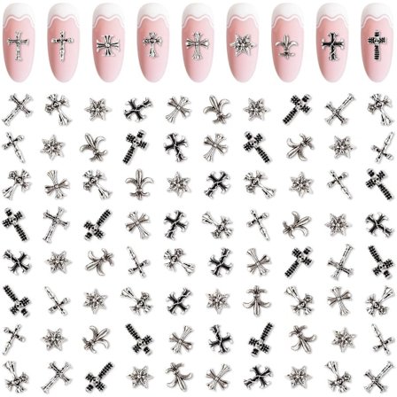 Neglekunst Smykkesett, 3D Sølv Kors Neglekunst Smykker og Stjerne Edelsten Bulk Neglekunst Smykker, Skinnende Kors for DIY Profesjonell Neglekunst 