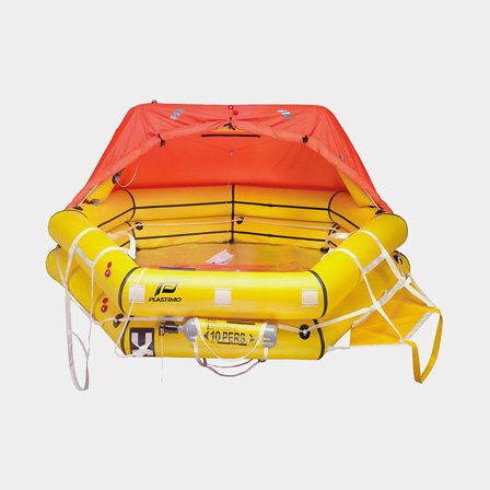 Balsa salva-vidas para 12 pessoas Plastimo Transocean ISO 9650-1, com equipamento preparado para resgate em menos de 24 horas, em container, com rampa