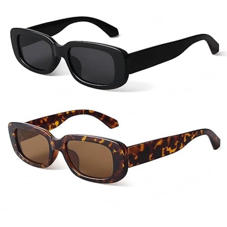 2-pak rektangulære solbriller til kvinder, retro kørebriller 90'er vintage mode smalle firkantede stel UV400-beskyttelse