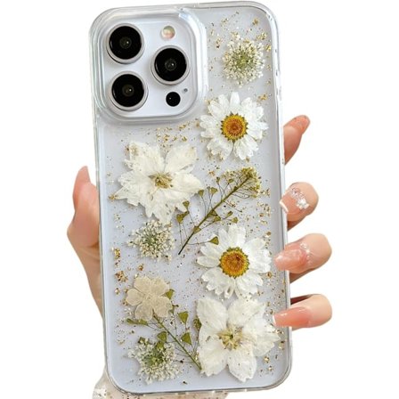 Klart etui til iPhone 16 Pro Max med design af pressede ægte blomster, Glitter Sødt Hvidt Blomstermønster Slankt Blødt TPU Beskyttende Dame Pige 