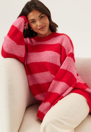 Pieces - Pcrasmine Ls Oneck Knit - Savvy Red Stripes:wild Orchid - Kläder - - Bubbleroom