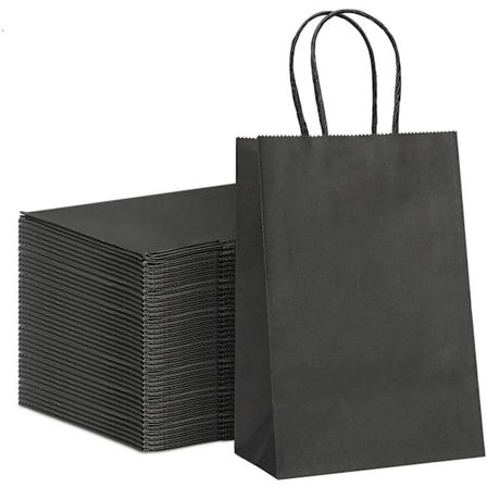 50 stk. Kraft gaveposer, 13,3 x 9,5 x 20,3 cm, brune handleposer av papir med tvinnede håndtak for festgave (svart)
