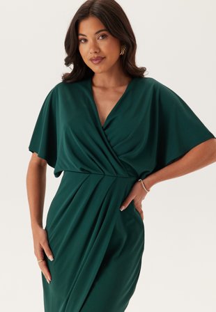 Bubbleroom Occasion - Wrap Slit Maxi Dress - Dark green - Kläder Omlottklänning