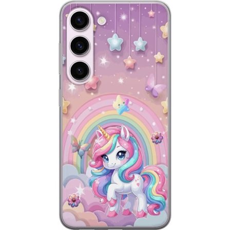 Kompatibel Mobilcover til Samsung Galaxy S23 Magisk enhjørning med regnbue manke, stjerner og sommerfugle mod en pastelfarvet himmel med skyer