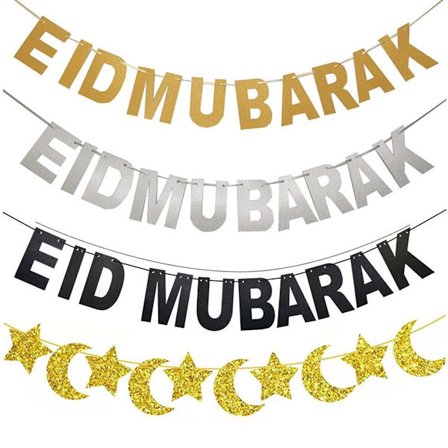 4 kappaletta Eid Mubarak -bannerisarjaa, kultaiset kimaltelevat Eid -bannerit ja kuutähdet KLB