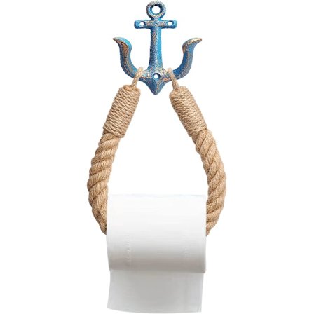 Nautisk toiletrulleholder, rustik industrivægmontering strandtema reb håndklæde ring med metal kroge til badeværelseindretning (blå)