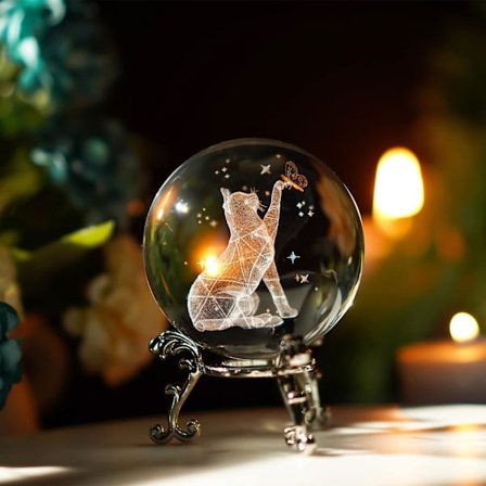 3D krystallkule laser katt figur glass papirkloder ball med stativ katt gaver for katteelskere kvinner katt ornamenter for katteelskere