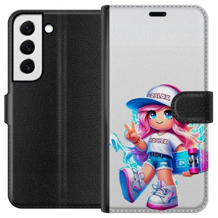 Yhteensopiva Lompakkokotelo Samsung Galaxy S22+ 5G Roblox-hahmo, jolla on vaaleanpunainen hius, lippalakki, kuulokkeet ja skeittilauta värikkäässä pii