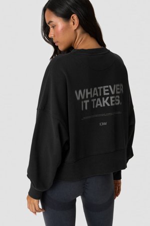 ICANIWILL - Essence Oversized Crew Print Stone Wash Black - Oberteile - Damen - ICIW