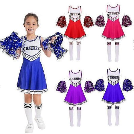 Tyttöjen cheerleader-asu tanssipuku lasten cheerleader-asu pyöreä pääntie tilkkutyylinen tanssimekko kukka ja sukat musta 8-10 vuotta