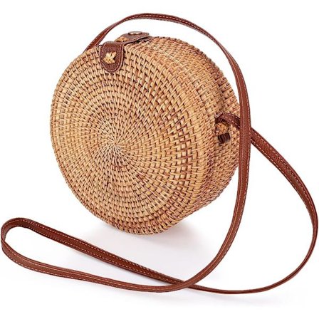 Rund flettet taske i rattan, boheme-inspireret rund taske i flettet rattan til kvinder, sommerstrandtaske, klassisk skuldertaske i rattan, chic 