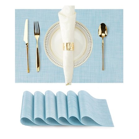 6 kpl ruokailualustat - 30x45 cm - sinivalkoinen sekoituslanka, lämmönkestävä ja helposti puhdistettava Blue + White