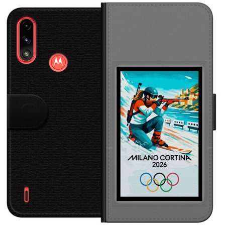 Kompatibelt Lommeboketui til Motorola Moto E7 Power Retroplakat Cortina Milano 2026 med fjell, vintersportsutøvere, italienske trikolor, Milano-katedr