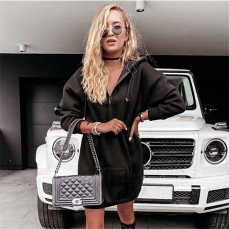 Kvinnor Solid Långärmad Hoodie Mini Dress Autumn Front Drawstri