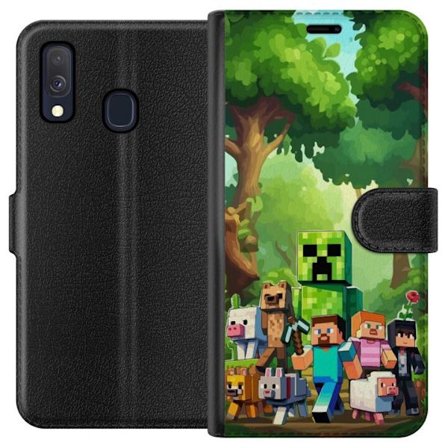 Yhteensopiva Lompakkokotelo Samsung Galaxy A40 Jämäkkä pikselöity pelimaailma, jossa vihreät hahmot ja eläimet rehevässä metsäympäristössä