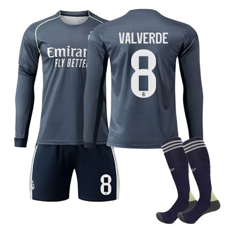 25-26 Real Madrid CF Bortedrakt NR.8 VALVERDE Langermet Draksett Barn Voksen Fotballutstyr Med Sokker