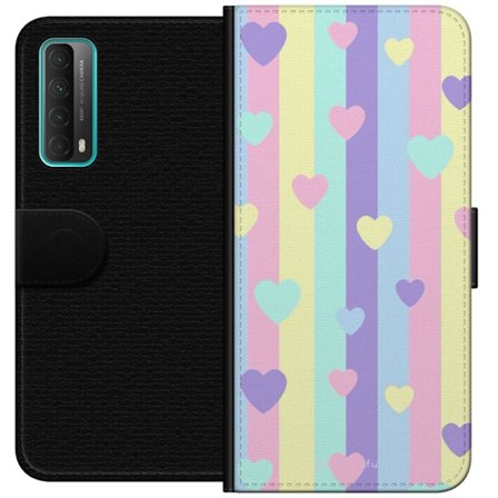 Yhteensopiva Lompakkokotelo Huawei P smart 2021 Pastelliraitoja pinkissä, keltaisessa, violetissa ja sinisessä, joissa on hajallaan pehmeitä kawaii-ty