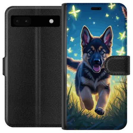 Kompatibelt Plånboksfodral till Google Google Pixel 6a Tysk schäfer valp affisch valp hund hoppar äng fjärilar söt hund illustration blå nattkon