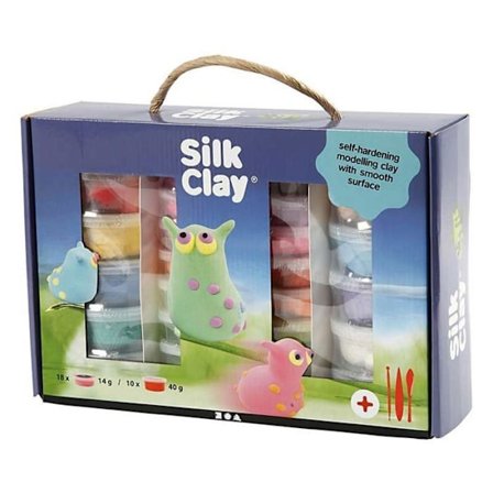 Modellera - SILK CLAY - Sortiment - Självhärdande - Multikolor - 10 burkar om 40 g och 18 burkar om 14 g