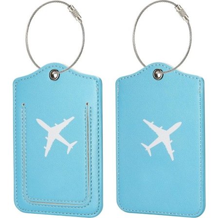 Stykke bagasjelapper med navneskilt og rustfri ståløyle, bagasjelapper i lær, slitesterke reiseveskeetiketter - 2 blå fly