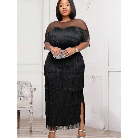 Kjole med frynser for kvinner, elegant nett, skulderløs, stor størrelse, lang kjole for bursdagsmiddag, arrangement, bryllupsgjest