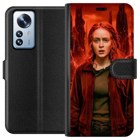 Kompatibelt Plånboksfodral till Xiaomi Xiaomi 12 Pro Porträtt av en ung kvinna med rött hår i en apokalyptisk landskap, röda blixtar och mörka k