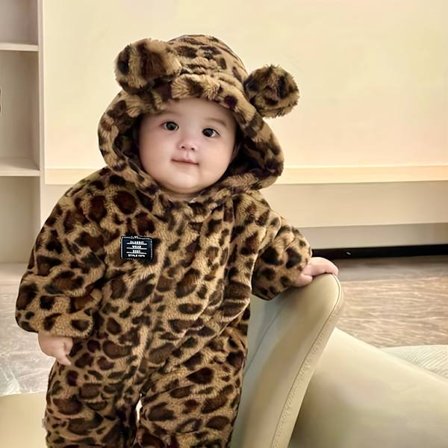 Leopardprint fleece-tøj til baby drenge og piger til efterår og vinter, sød og fluffy onesie til spædbørn, perfekt til udendørs brug.