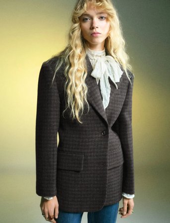 Mango Micro Houndstooth Wool Blazer - Brown - XL