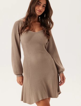 Bubbleroom Knitted Short Skater Dress - Beige - S