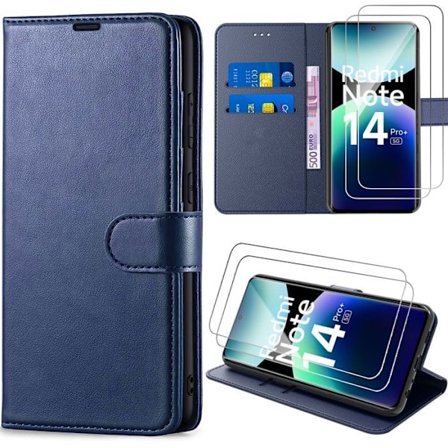 Fodral - E.F.CONNECTION - För Xiaomi Redmi Note 14 Pro Plus 5G - Syntetiskt läder Blå Marin - 2 Härdat Glas - Stötsäkert