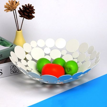 Laskostettu pyöreä rautainen hedelmäkori, moderni hedelmäkori, leipäkori, koristeellinen kulho leivälle, hedelmille, vihanneksille (valkoinen)