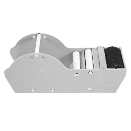 Pöytäteippiteline, kostean veden voimapaperileikkuri, voimapaperin paalain, sinetöity pahvilaatikko, toimistotarvikkeet, harmaa