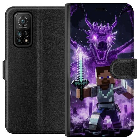 Kompatibelt Plånboksfodral till Xiaomi Xiaomi Mi 10T Pro 5G blockbaserad hjältefigur med svärd framför lila kristalldrake, dramatisk fantasy, pixe