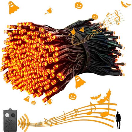 LED Lyslenke med Skummel Musikk, Bevegelsessensor Halloween Lys Utendørs Vanntett Oransje Lys med Lyd for Halloween Dekor Jul