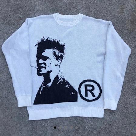 Stort Tilbud Y2k Mænds Efterår/Vinter Gotiske Vintage Hoved Mønster Pullover Høj Kvalitet Strikket Rund Halsudskæring WHITE M