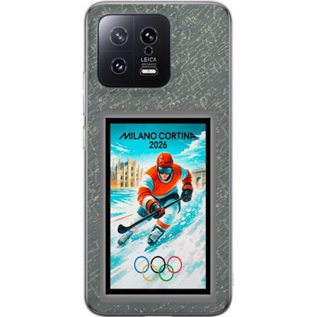 Yhteensopiva Puhelinkuori Xiaomi 13 Curlingkuvitus pelaajilla ja kivillä jäällä, Milano Cortina 2026, lumisia roiskeita ja olympiasormukset