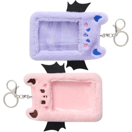 IC 2 st Söt ID-brickahållare Plyschvingar Demon ID-korthållare Vykortshylsa Kawaii Nyckelring Japansk Anime Lanyard Badge Rulle Brevpapper Rosa Lila