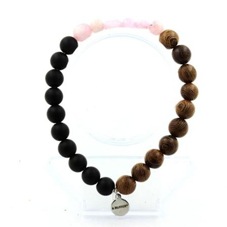 Sten og mineraler. Kunzite armbånd fra Brasilien + Mat sorte Onyx perler + 8 mm træ. Fremstillet i Frankrig.