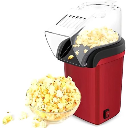 Popcornmaskin med varmluft, levereras med en mätkopp för portionering av popcornkärnor, vilket möjliggör DIY-smakanpassning.