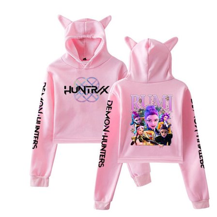 Demon Hunter Group Trykt Katteøre Kort Sweatshirt Voksen Casual Plys Hættetrøje Mode Dametøj