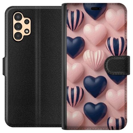 Kompatibelt Lommeboketui til Samsung Galaxy A13 Myke tredimensjonale hjerter i rosa og marineblå toner i et romantisk mønster