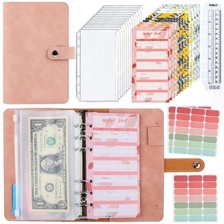 A6 Binder Budget Planner, konstläder anteckningsbok med 12 pärmar, anteckningsbok rosa