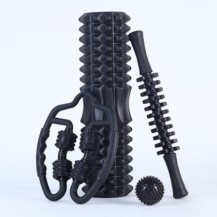 4-i-1 Sort Foam Roller og Massagestick Sæt Dybvævsmassage Foam Roller Sæt til Fitness Yoga Afslapning og Pilates