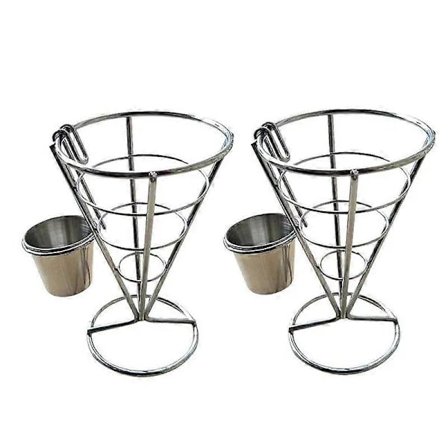 2 stk. Pommes Frites Stativ Kegle Kurv Fritterholder med Sovsedip Metal Friturestegt Kylling Display Rack W